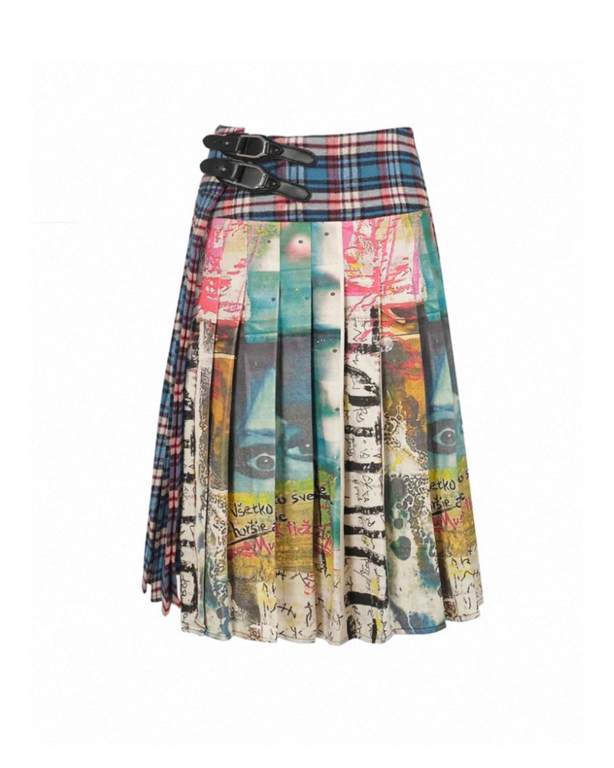 Multicolored plaid skirt with a belt on a white background