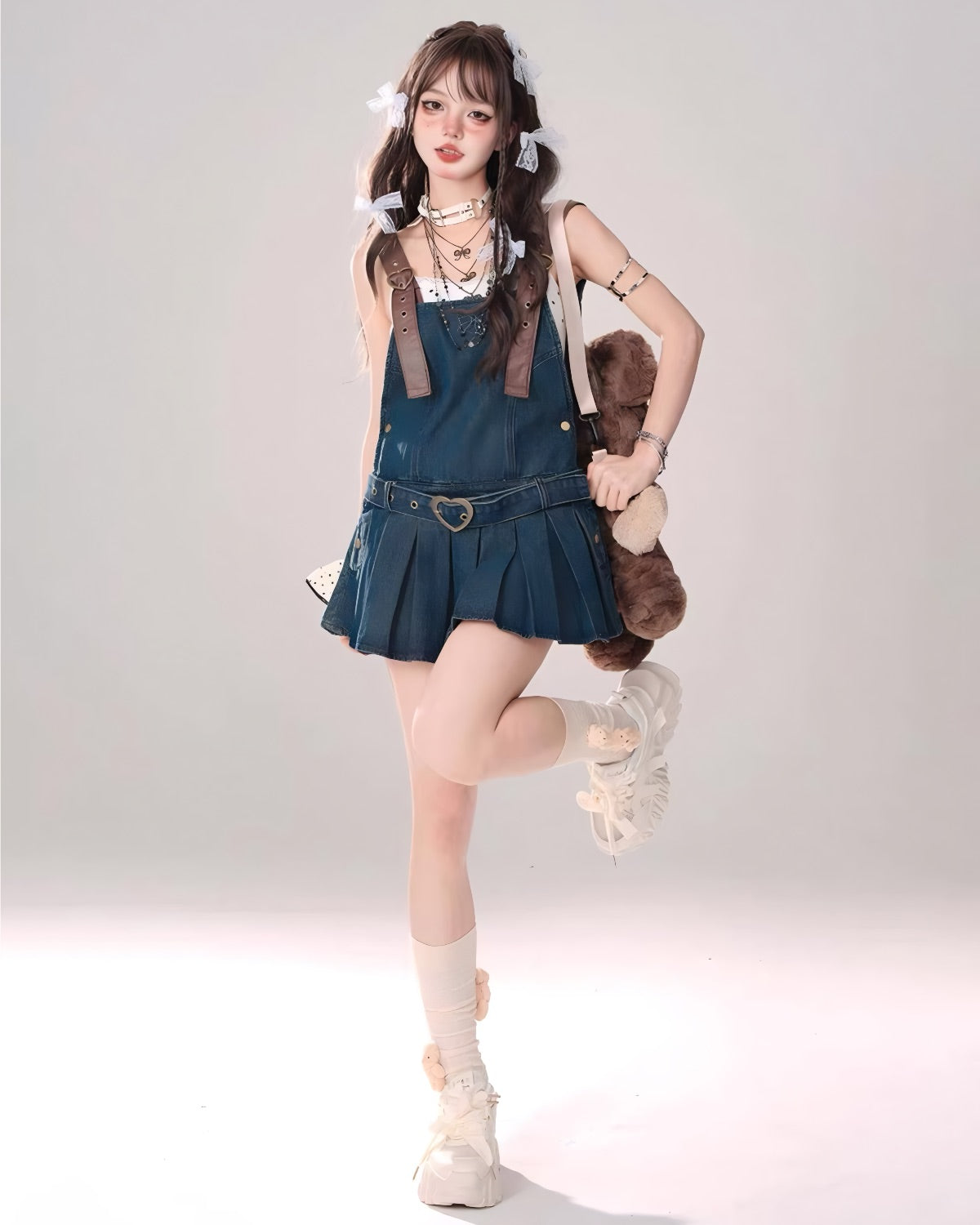 Pleated Denim Dress On Model Posing