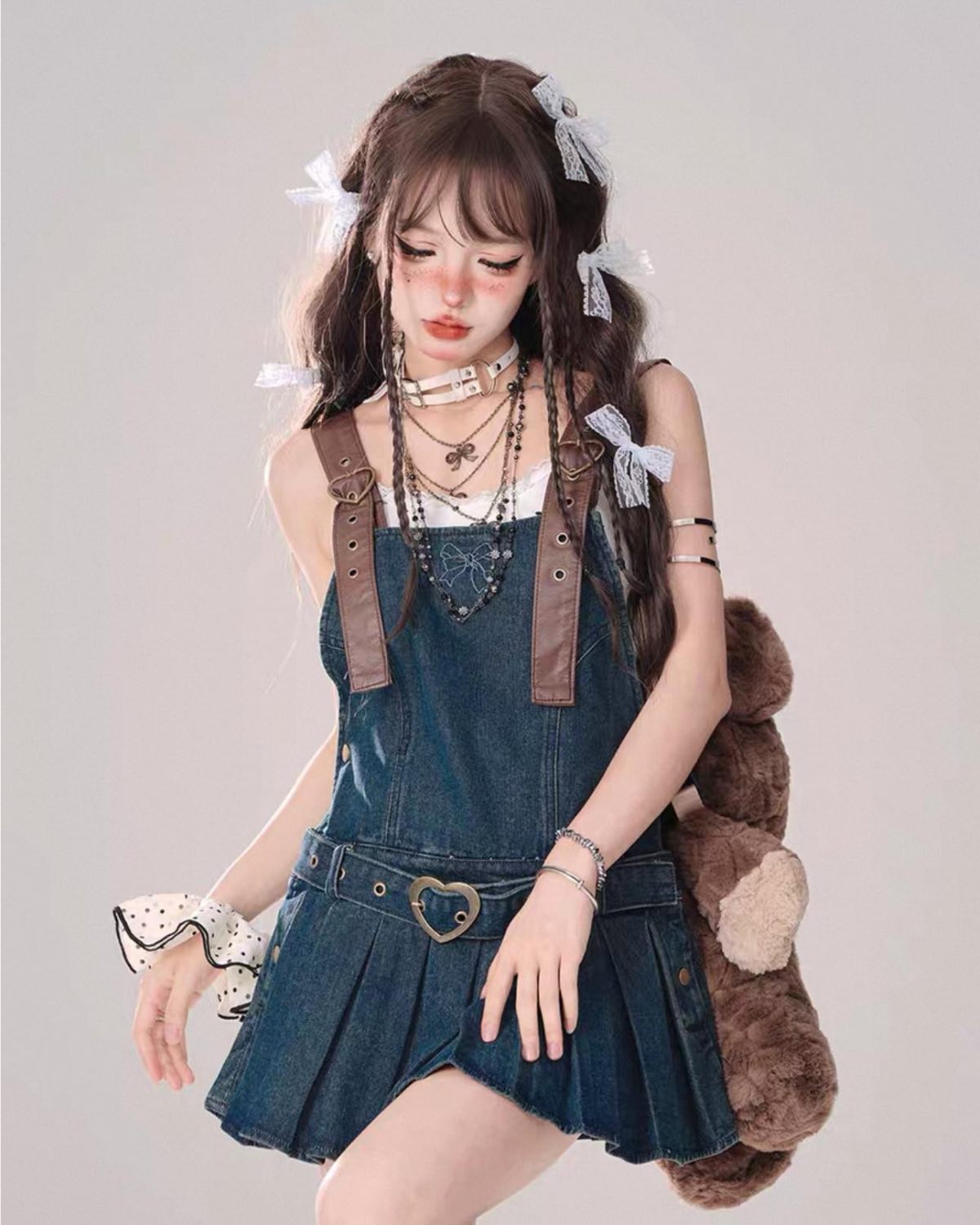 Pleated Denim Dress On Model Closer Up