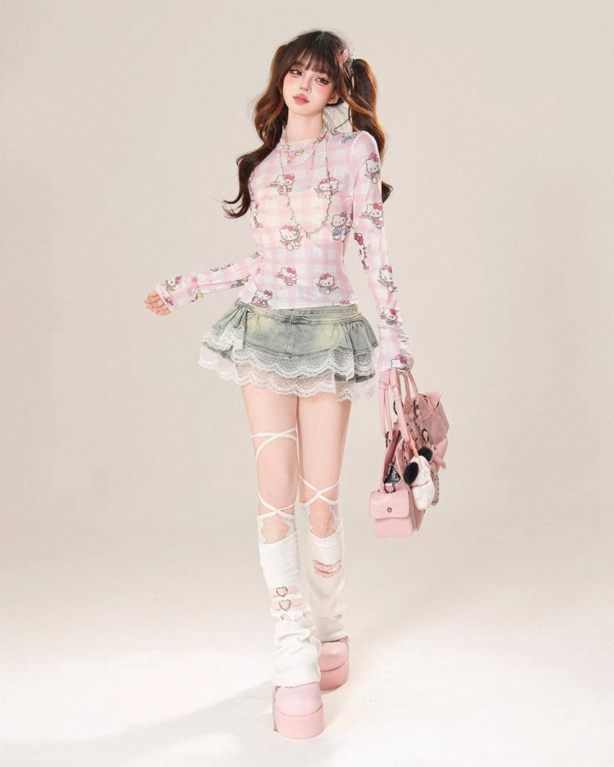 Pleated Denim Mini Skirt On Model Walking