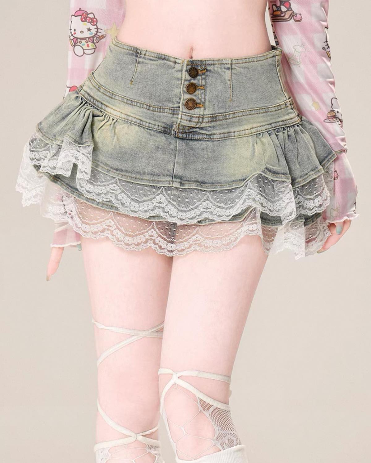 Pleated Denim Mini Skirt Closer Up