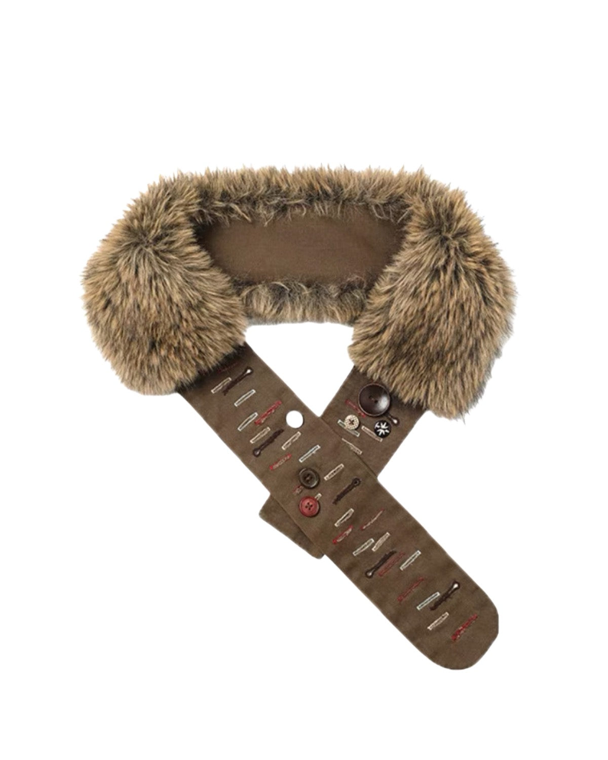 Brown leather strap with fur trim on a white background