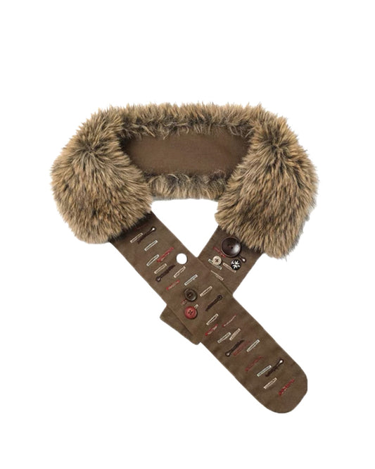 Brown leather strap with fur trim on a white background