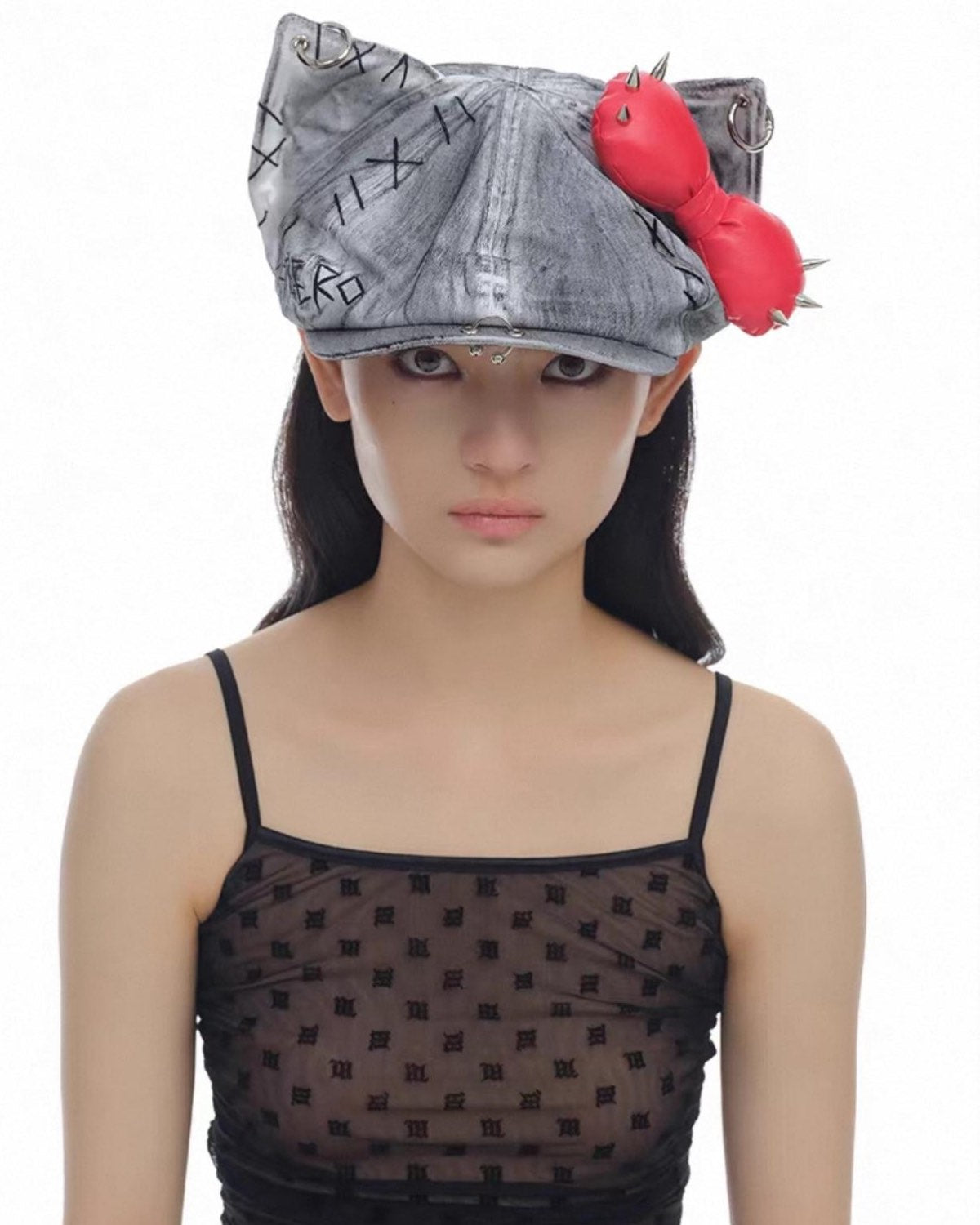 Red Bow Spiked Kitty Hat On Model Front View