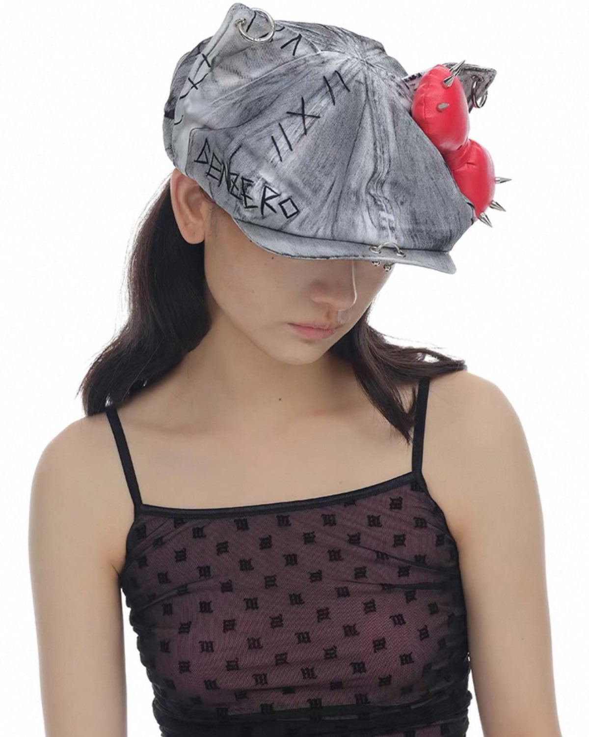 Red Bow Spiked Kitty Hat On Model Quarter View