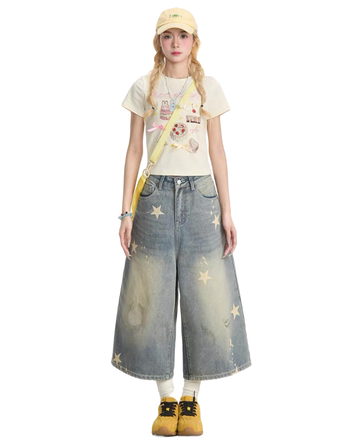 Retro Star Print Jorts White Backdrop
