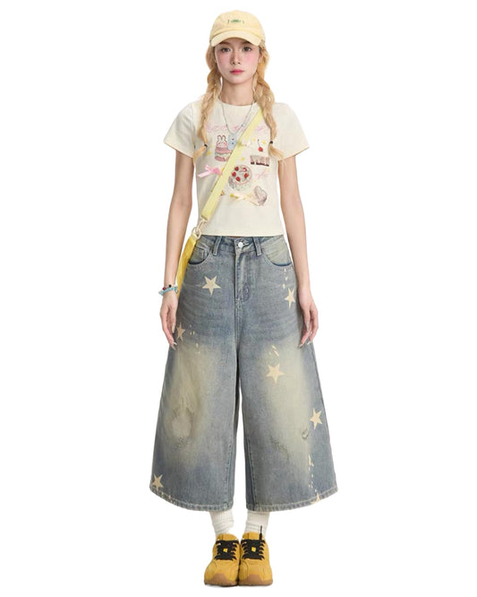 Retro Star Print Jorts White Backdrop