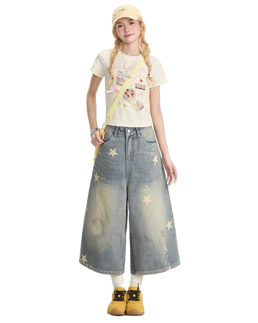 Retro Star Print Jorts On Model
