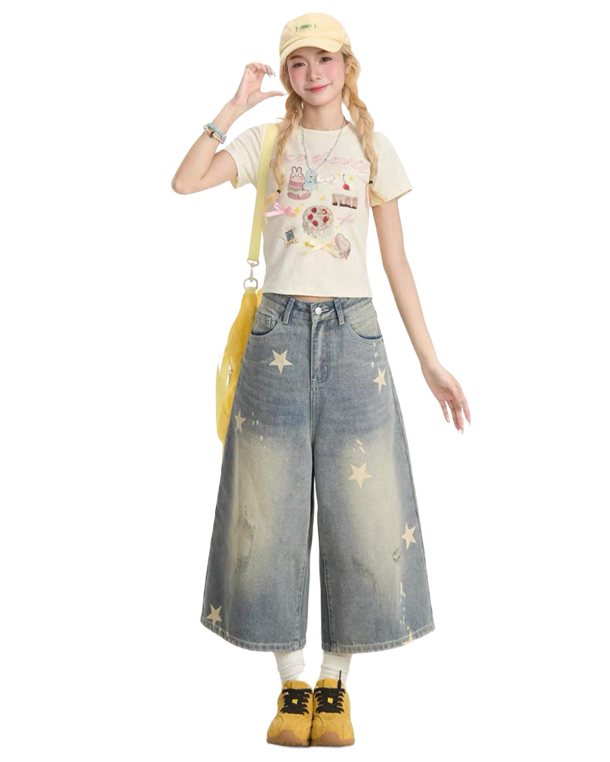 Retro Star Print Jorts On Model Heart Hand