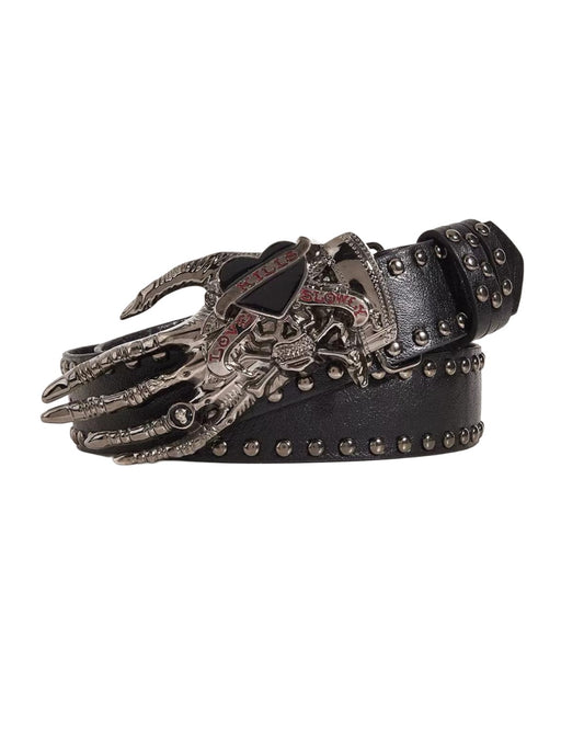 Black belt with skeleton hand buckle on a white background