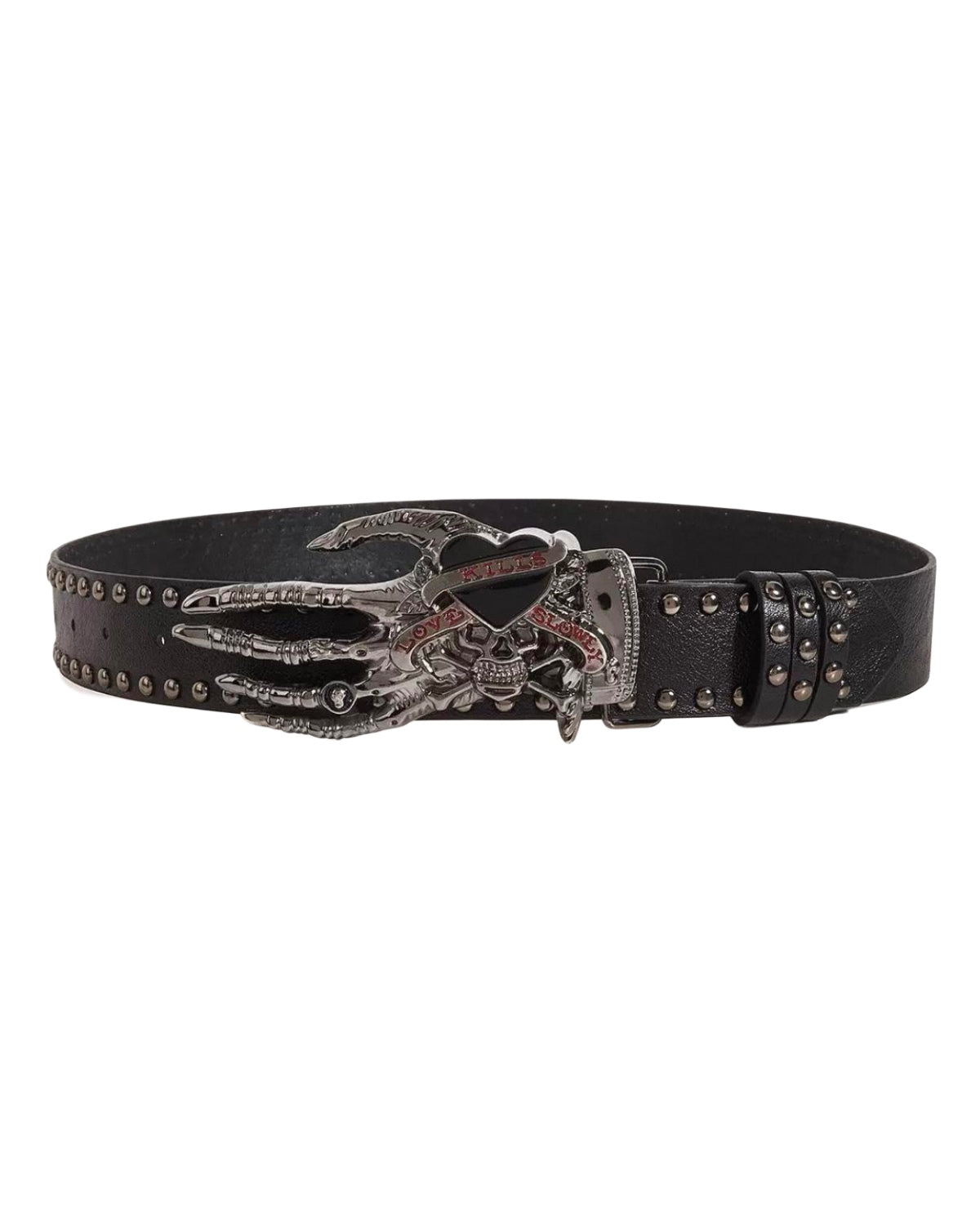 Black belt with a decorative skeleton hand buckle on a white background