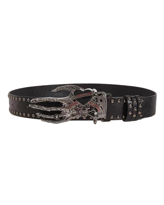 Black belt with a decorative skeleton hand buckle on a white background