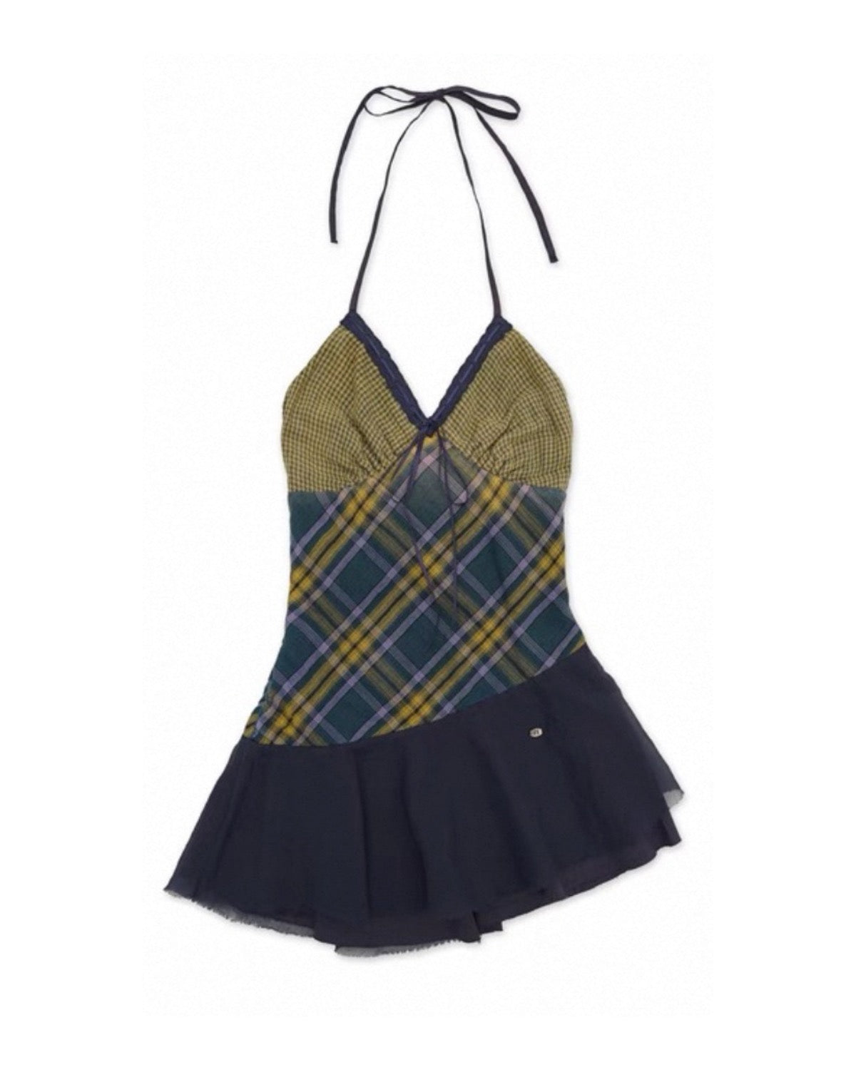 Plaid patterned dress with halter neck on a white background