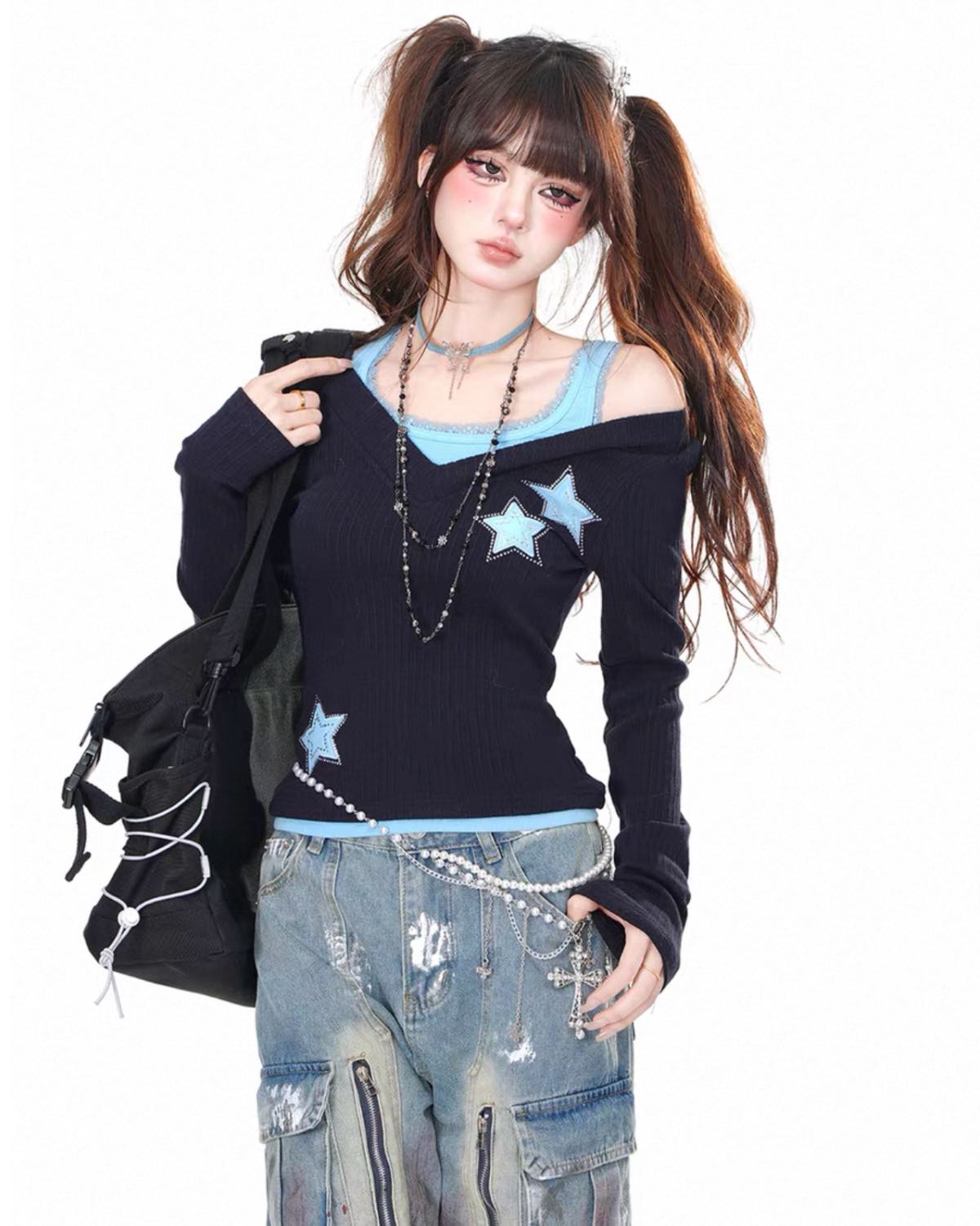 Star Embroidered Long-Sleeve Closer Up With Bag
