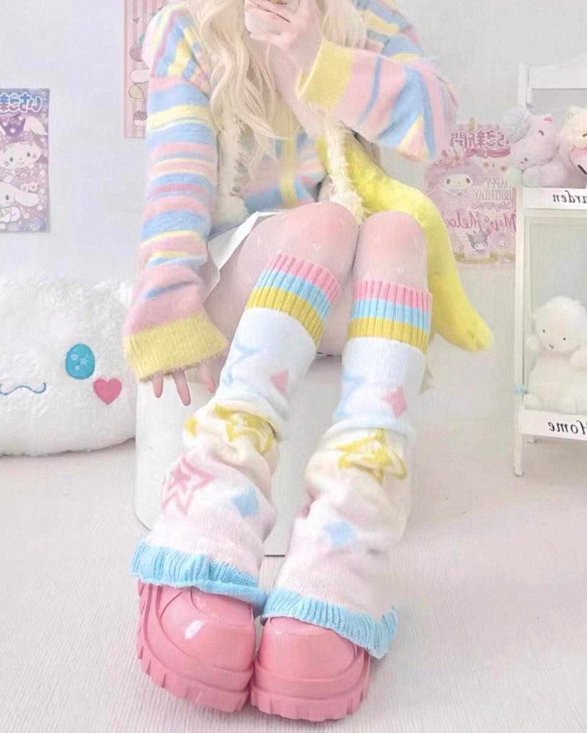 Star Knit Leg Warmers On Model Sitting Pose 2