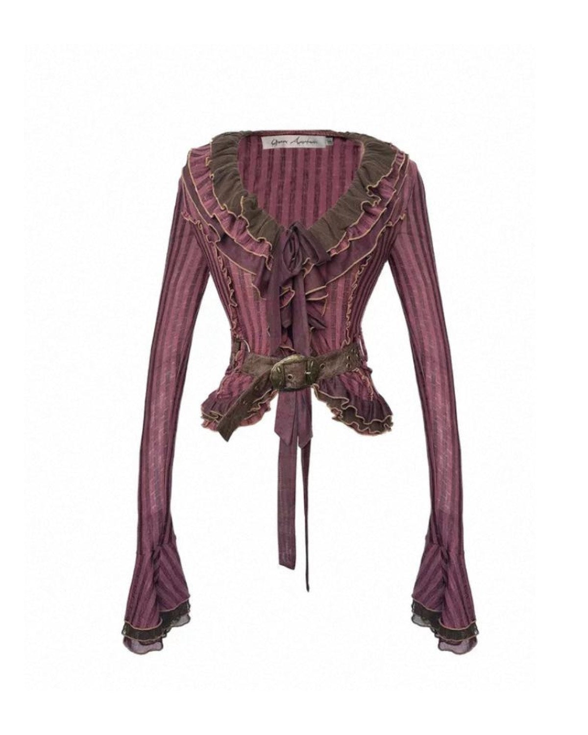 Purple striped blouse with ruffled details on a white background