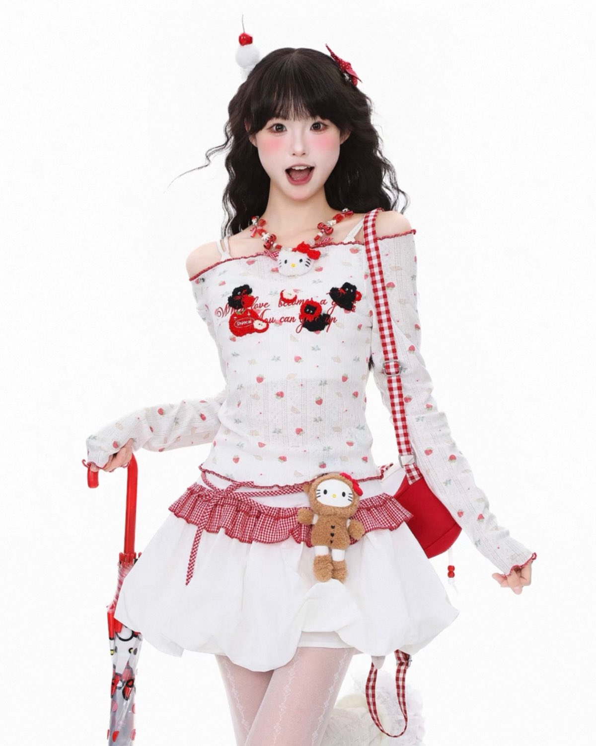 Woman wearing a white dress with red accents and a headband, holding a red umbrella on a white background