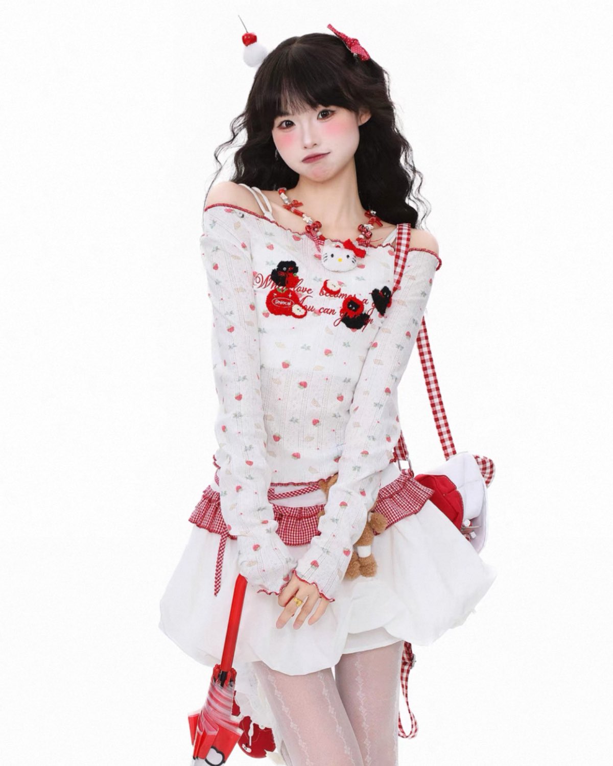 Person wearing a white outfit with red accents and a headband, holding a red and white bag.