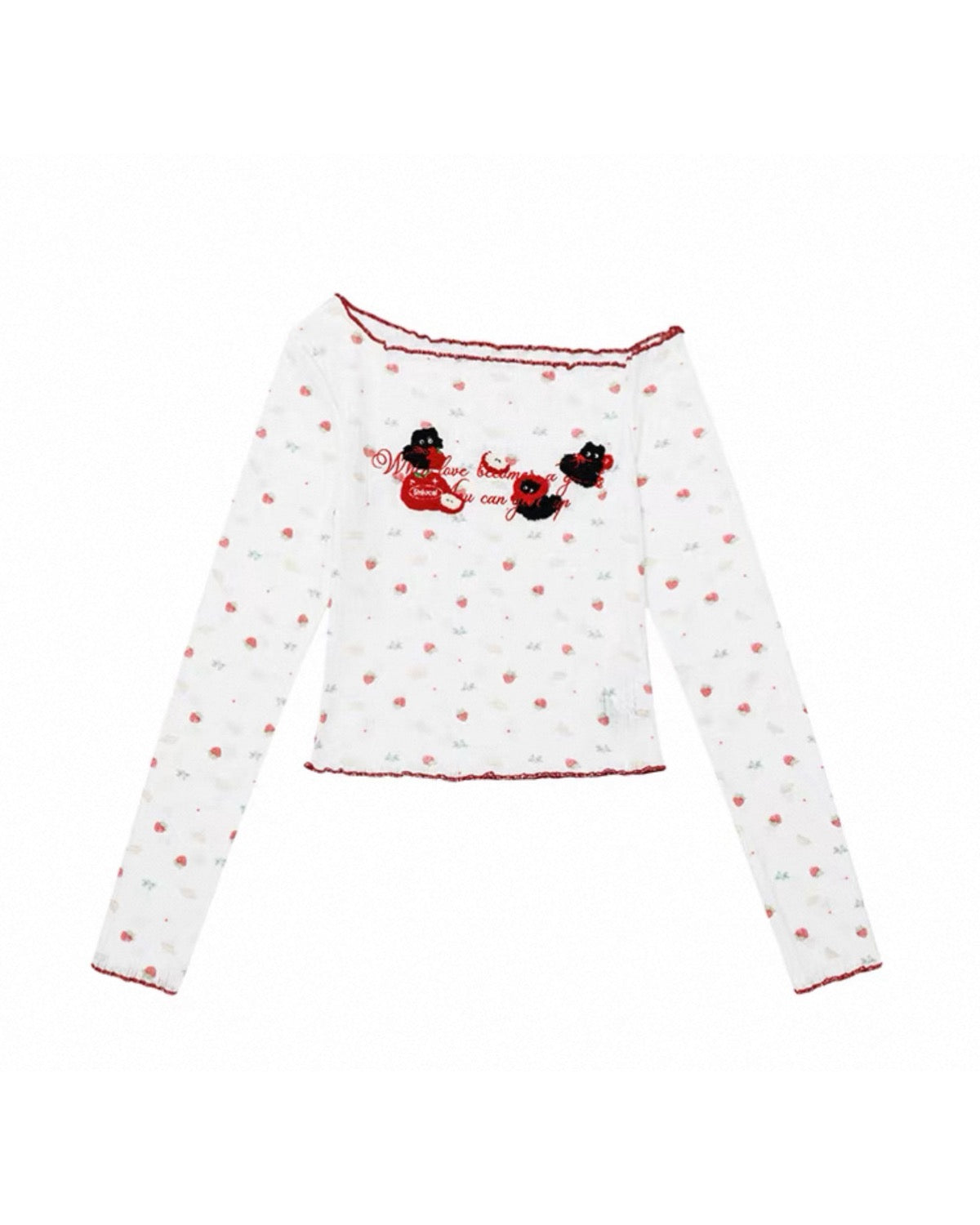 White long-sleeve top with red heart designs on a white background