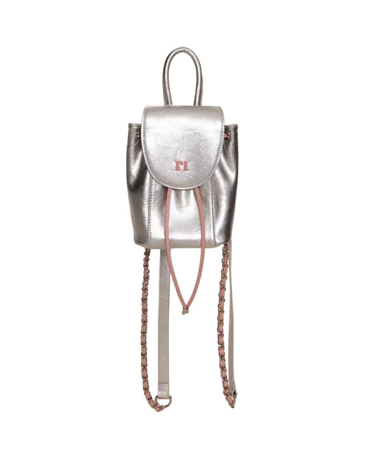 Silver backpack with a pink strap on a white background