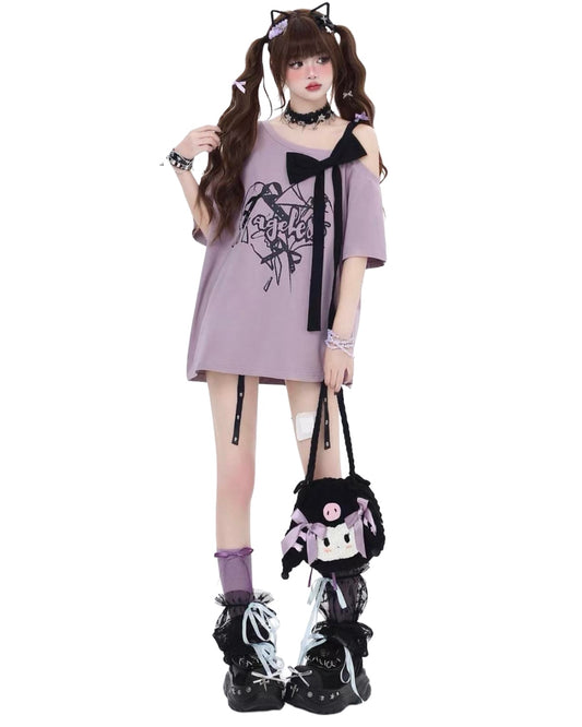 Bow Off-Shoulder Tops Purple White Backdrop