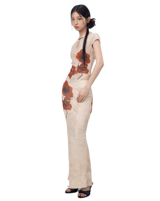 Woman wearing a floral dress on a white background