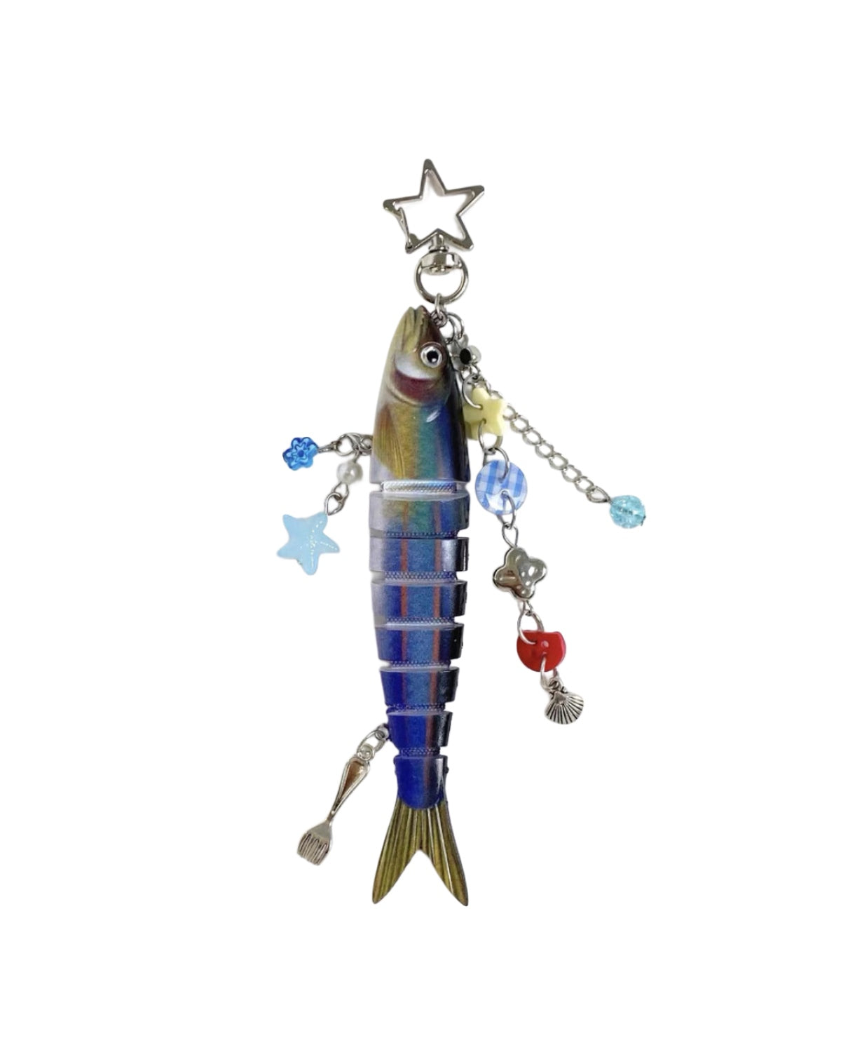 Decorative fish charm with star and heart pendants on a white background
