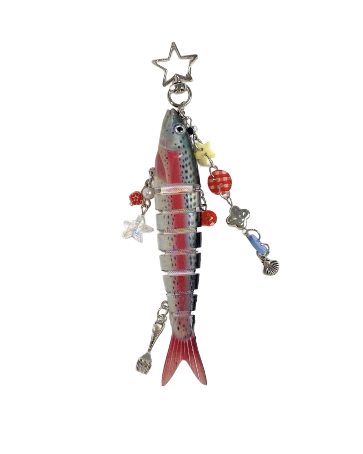Colorful fish-shaped keychain with beads and charms on a white background