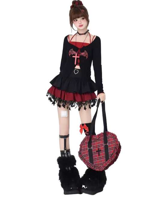 Grunge Cake Mini Skirt Black And Red On Model