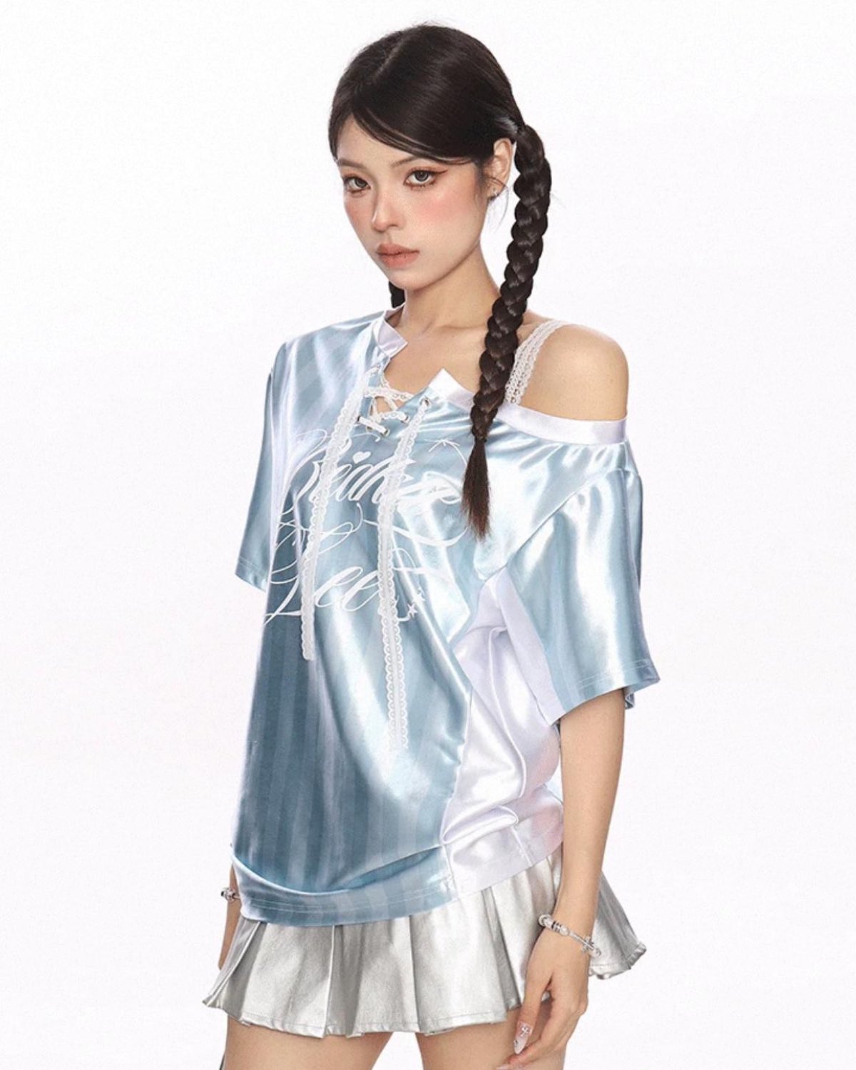 Off-Shoulder Retro T-Shirt Closer Up On Model Quarter View