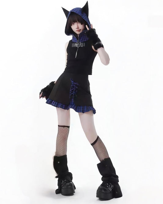 Patchwork Cat Ears Vest Model Posing