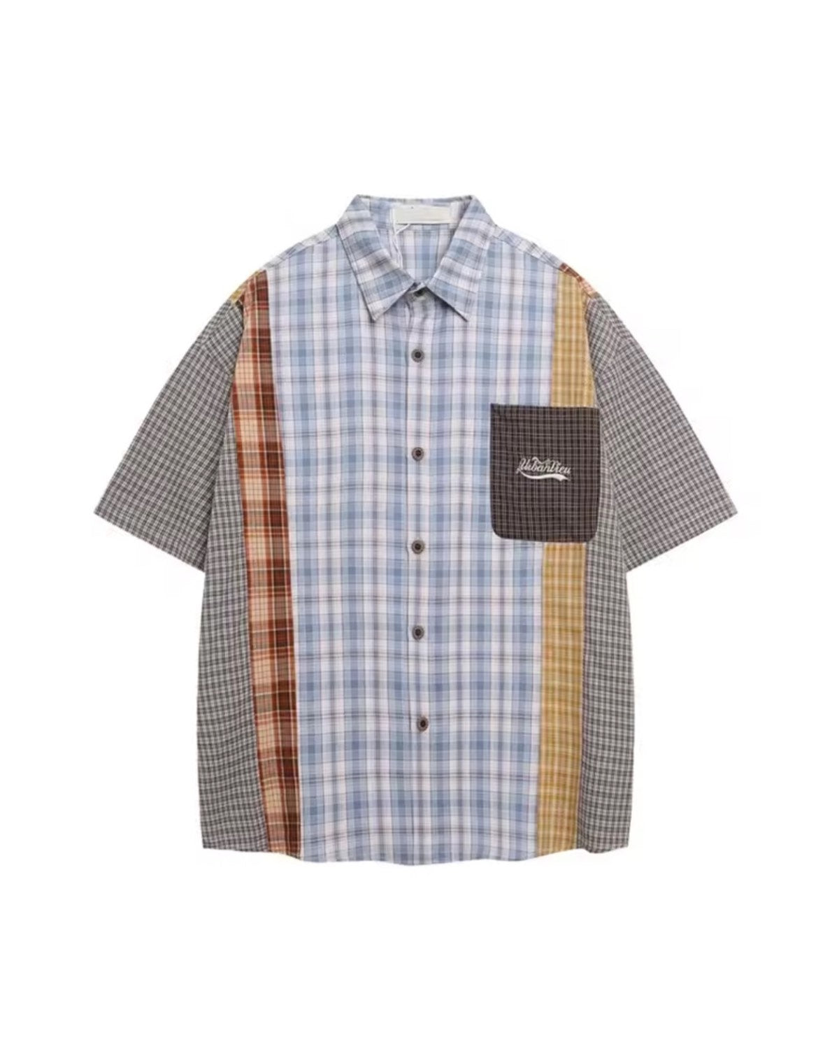 Plaid shirt with color-blocked design on a white background