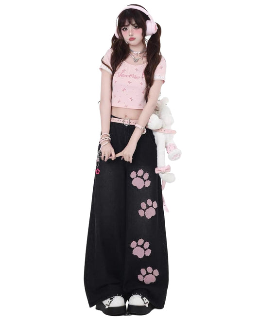 Paw Embroidered Wide-Leg Jeans White Backdrop