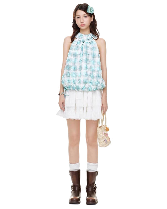Plaid Halter Tank Top White Backdrop