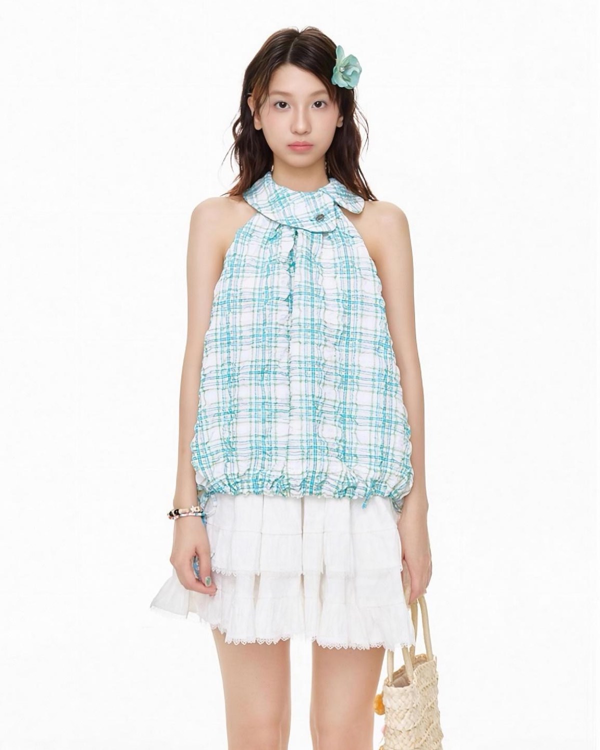 Plaid Halter Tank Top Close Up On Model