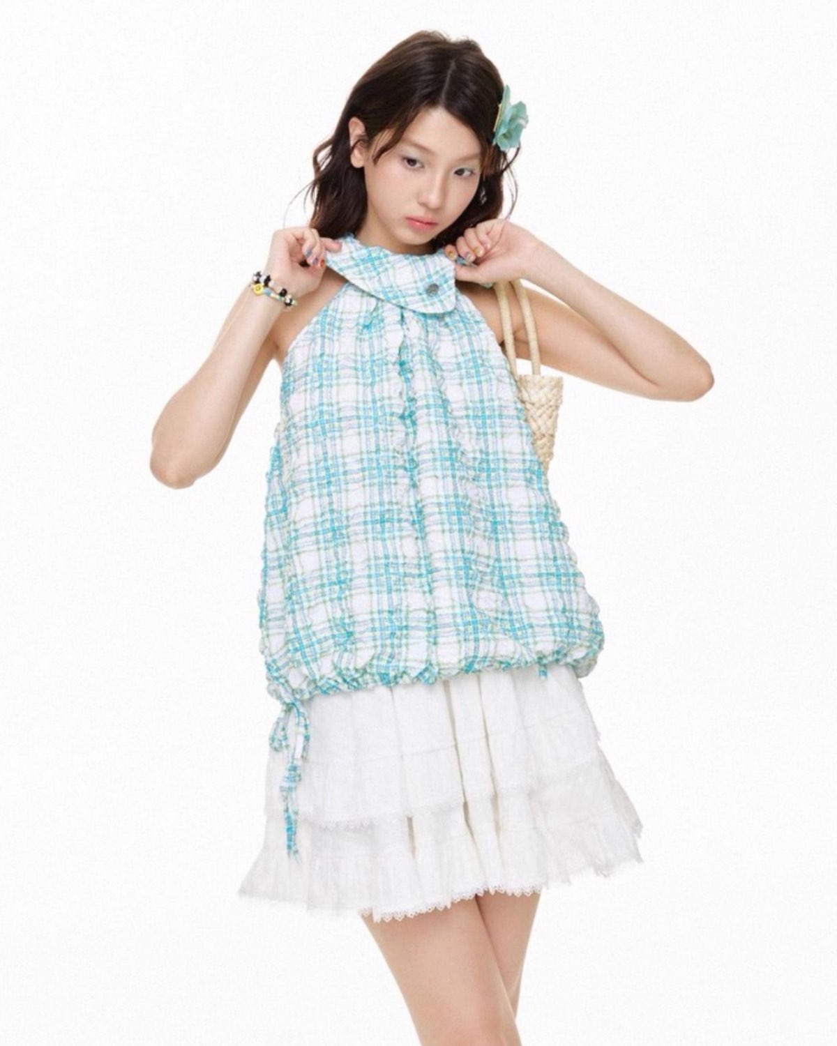 Plaid Halter Tank Top On Model Fixing Collar