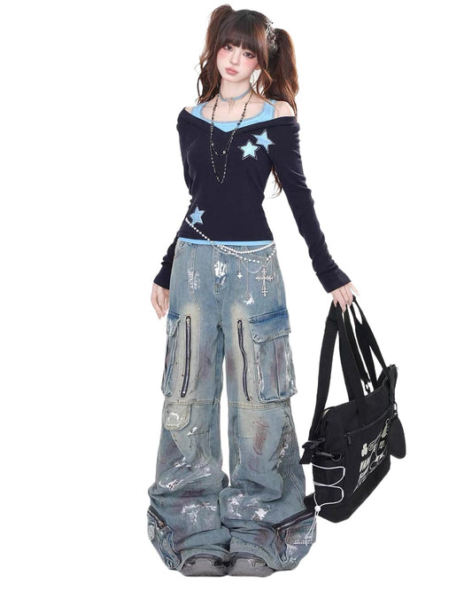 Star Embroidered Long-Sleeve White Backdrop