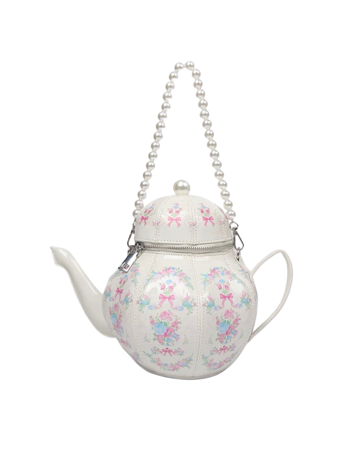 Teapot-shaped handbag with floral pattern and pearl chain on a white background