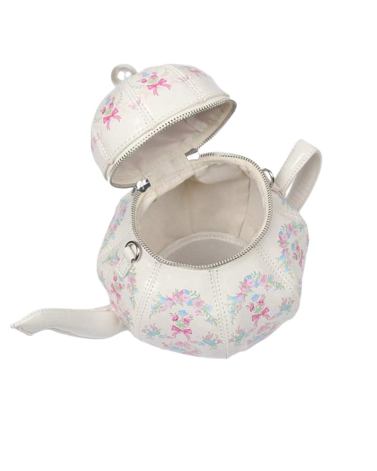 Floral-patterned teapot-shaped pouch with a lid on a white background