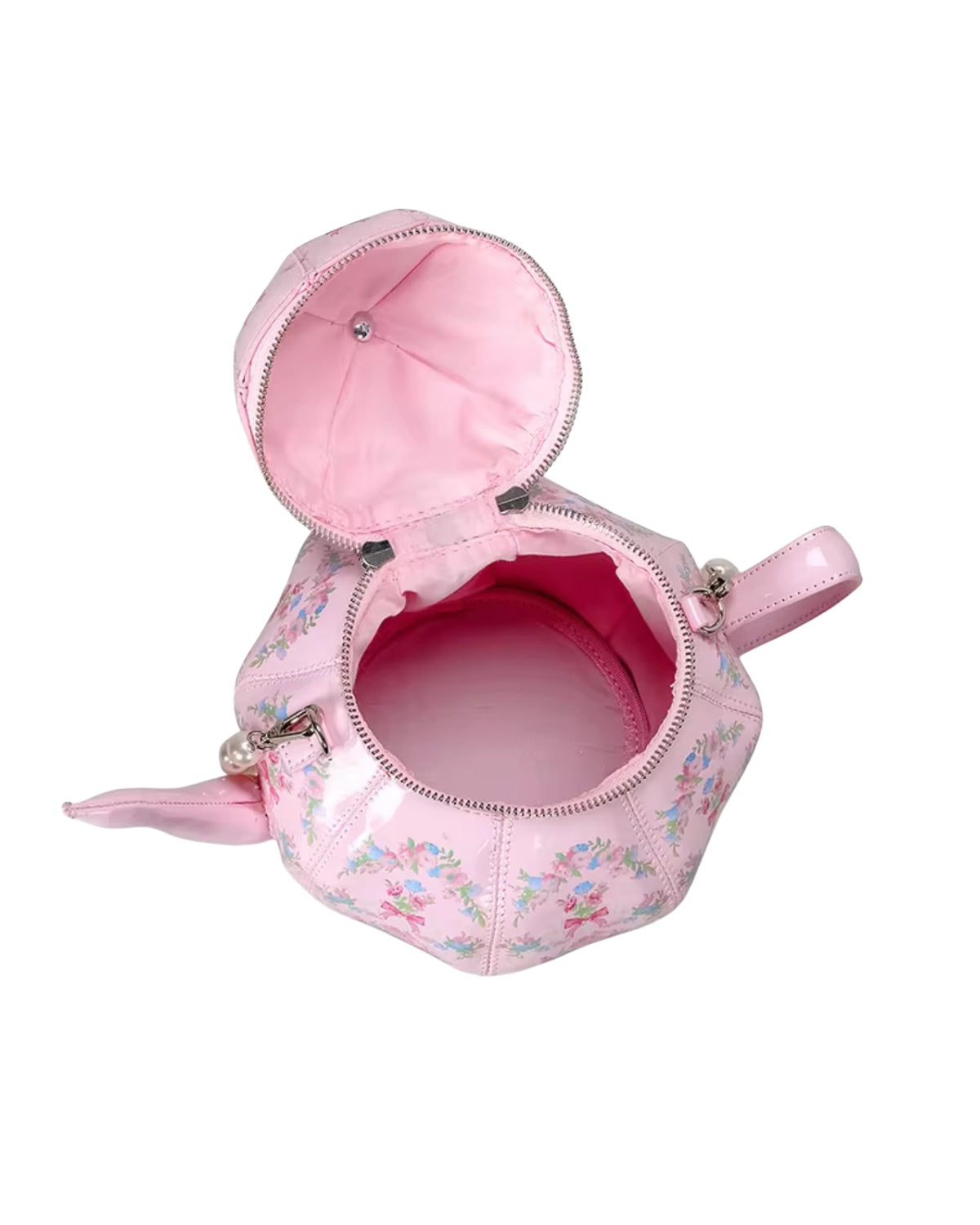 Pink floral-patterned handbag with open top on a white background